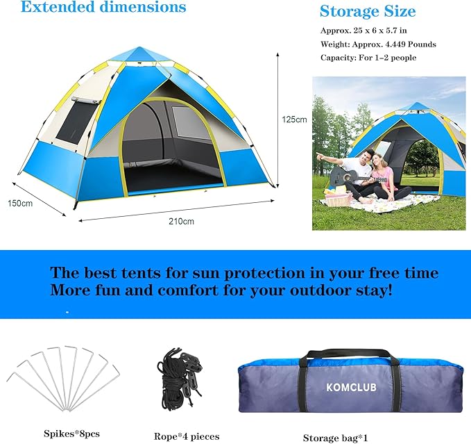KOMCLUB Camping Tent 1/2/3 Person Tents for Family Camp Tent Waterproof Windproof Outdoor for Backpacking Hiking Easy Setup with Storage Bag8 Ground ding4 Windproof Rope