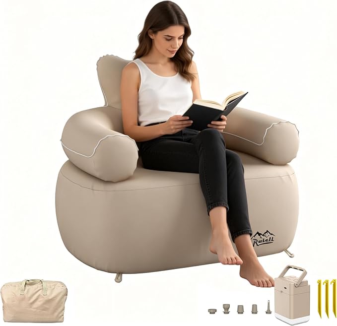 Inflatable Sofa with Built-in Pumpself Inflatable Couch Rechargeable Support 880 lbsAir Sofa for Camping HomeTravelOutdoor (Round Single Sofa Khaki) | Outdoor Camping Sofa Self Inflatable Sofa