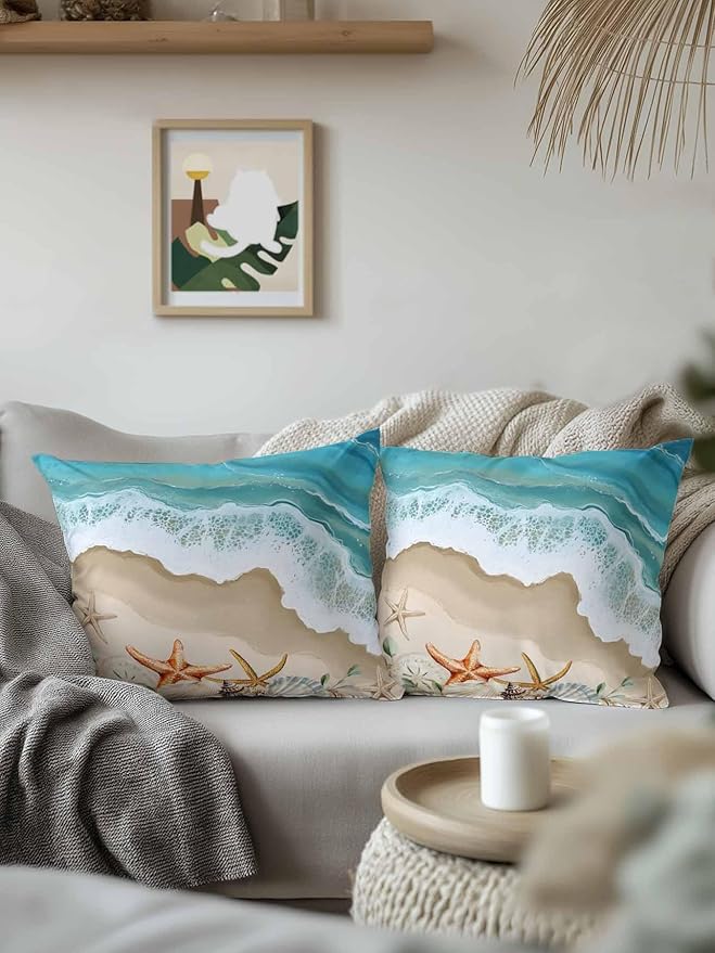 Outdoor Pillows Waterproof Coastal Beach Ocean Bedding Throw Pillows with Insert for Couch Sofa Bed Nautical Starfish Shells Conch 16x16 Inch Pillowcases Camping Patio Pillow Set of 2