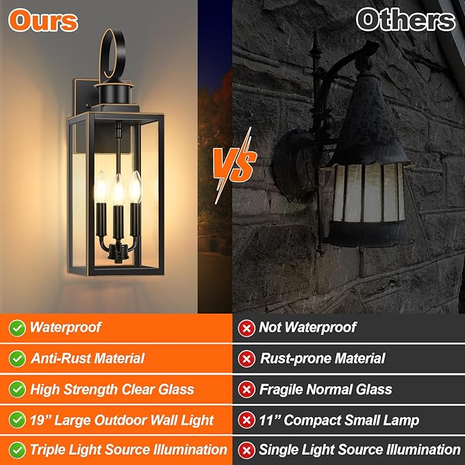 3-Light Outdoor Wall Light Fixtures 19 Inch Large Waterproof Exterior Wall Sconces with Glass Shades Black with Gold Trim Anti-Rust Outside Wall Lantern for House Front Porch Patio Garage