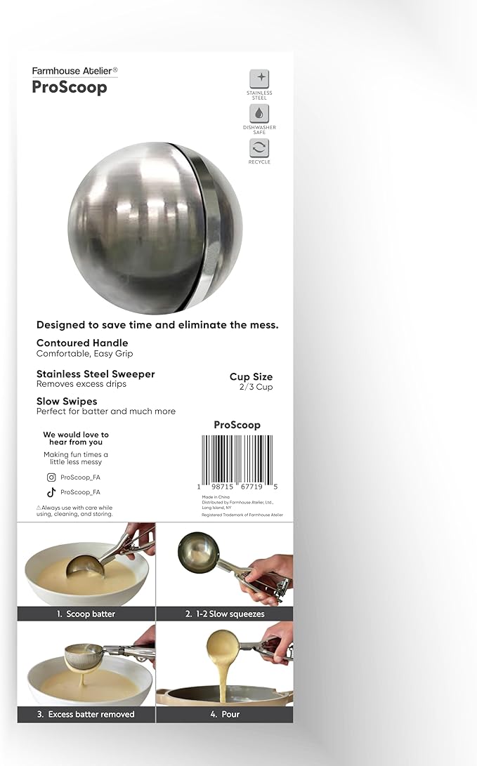 ProScoop Exterior Sweeper No Drips Multipurpose Scooper 2/3 cup capacity 100% Stainless Steel used for Baking and Cooking Comfortable Grip with Trigger Release.