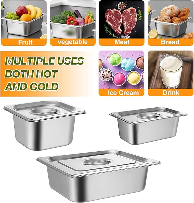 Maxdot 7 Set Stainless Steel Hotel Pan 1/2 1/4 1/6 Size 4 Inch Deep with Lids Stainless Steel Steam Table Pan Commercial Food Pans for Restaurant Catering Salad Bar Party Supplies Metal Steam Tray