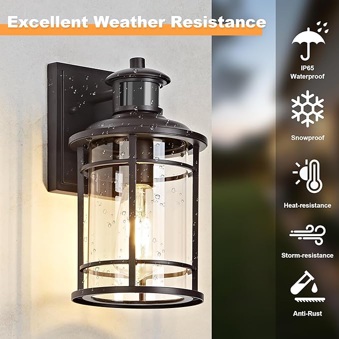 OKELI Motion Sensor Outdoor Wall Lights-Dusk to Dawn Porch LightBrown Outdoor Lights Fixture3 Lighting Modes Waterproof Anti-Rust Outdoor Lights for House Porch Garage (2 Pack