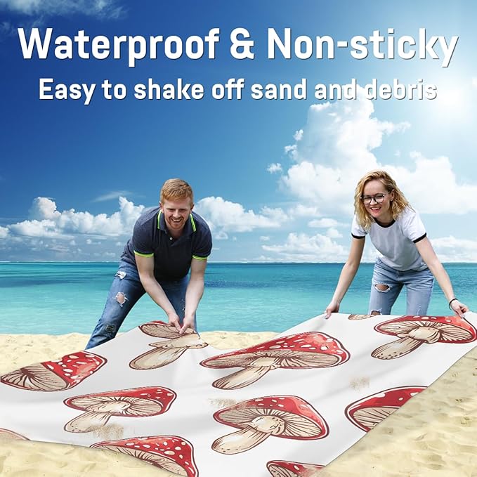 Waterproof Sandproof Beach Blanket 59''×68'' Vegetables Mushrooms Polyester Outdoor Picnic Blanket with 4 Stakes &amp Storage Bag for BeachCampingVacation Red