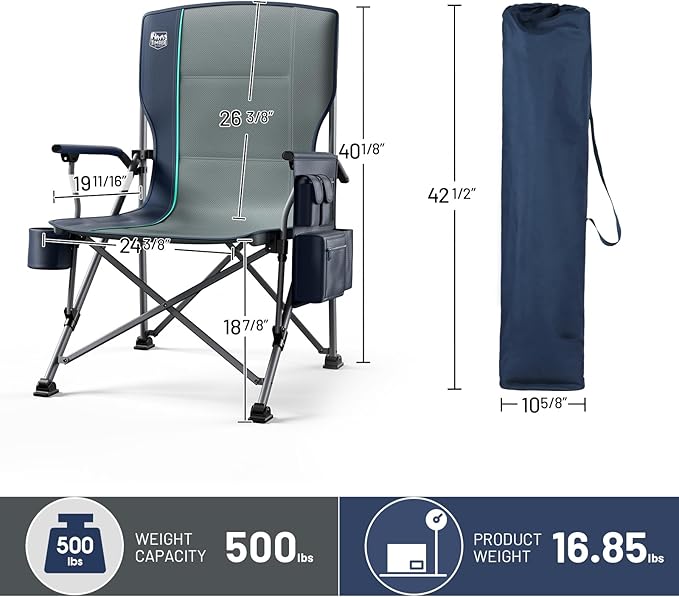 Timber Ridge 500lbs Oversized Folding Camping Chair Heavy Duty Lawn Chair for Adults Portable Collapsible High Back Chair with Cup Holder Side Pocket Cooler Bag for Outdoor Sports Blue