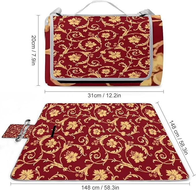 Flower Maroon Gold Floral Classy Burgundy Antique Waterproof Outdoor Picnic Blanket Sandproof Beach Mat for Camping Hiking Grass Travelling