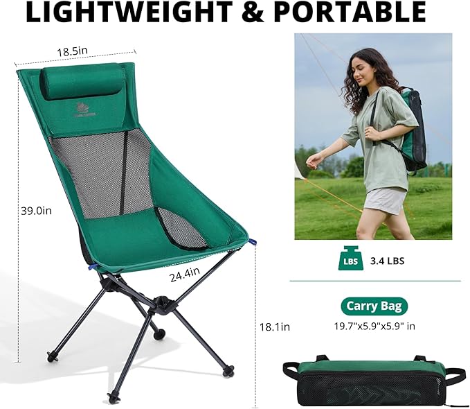 CAMEL CROWN High Back Camping Chair with Pillow Design Folding Compact Backpacking Chair Stable Portable Chair for Outdoor Camp Travel Beach Picnic Festival Hiking