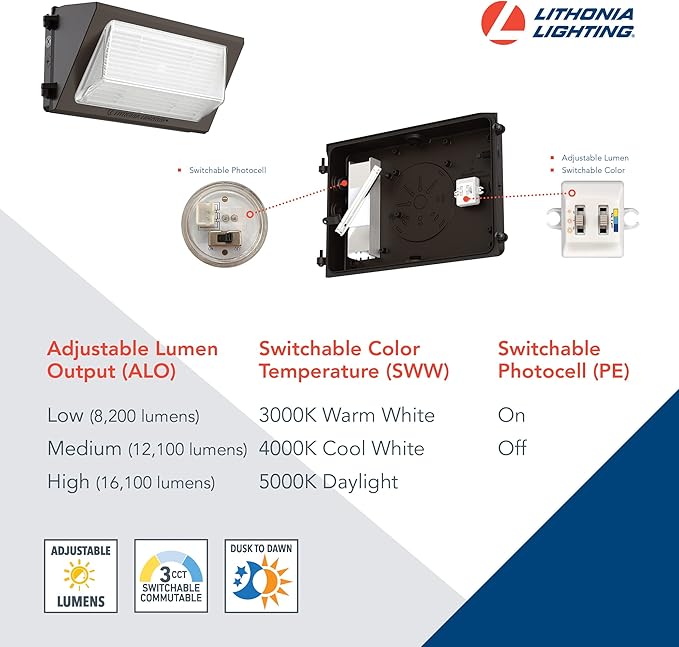 Lithonia Lighting 17 LED Wall Pack Outdoor Light Fixture 3-Way Selectable CCT 3000K/4000K/5000K Adjustable Lumens Dusk to Dawn Photocell UVOLT Bronze (TWR2 LED ALO SWW2 UVOLT PE DDBTXD)