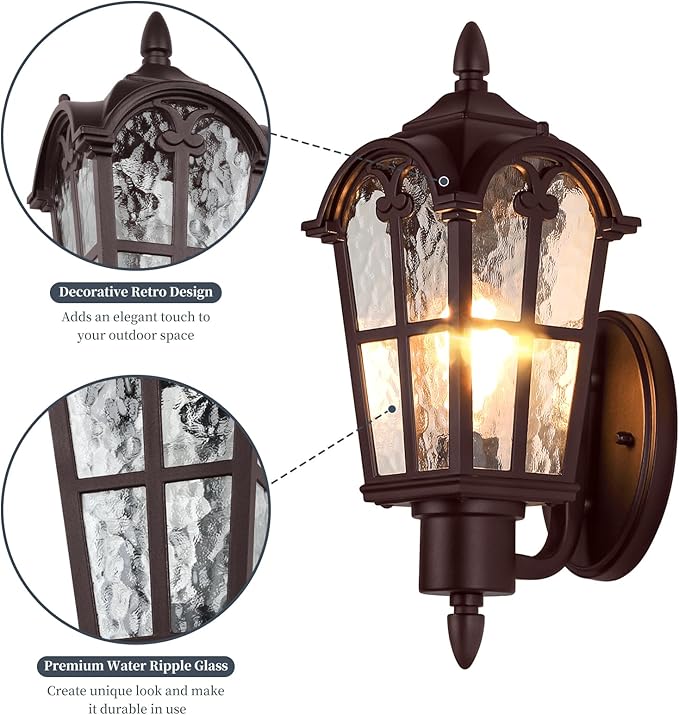 Sucolite Outdoor Wall Light Fixtures Brown Exterior Waterproof Porch Lights Wall Lanterns Vintage Outside Wall Sconces with Water Ripple Glass for House Front Door Garage 2 Pack
