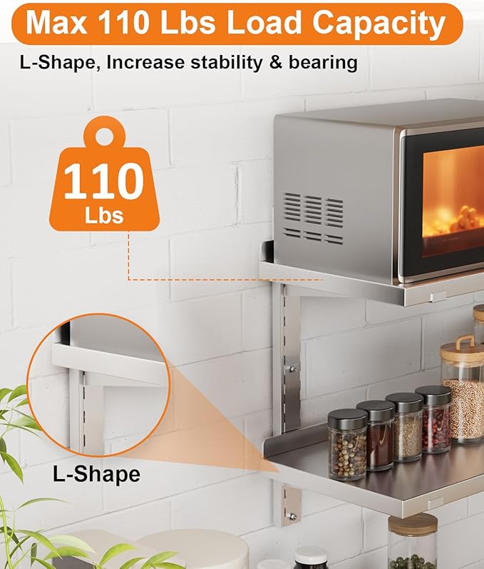 Stainless Steel Shelf 23.6 x 12.6 Commercial Floating Wall Shelf with Brackets 110Lb Capacity Adjustable Double-Layer Metal Heavy Duty Storage Rack for Restaurant Kitchen Home Bathroom