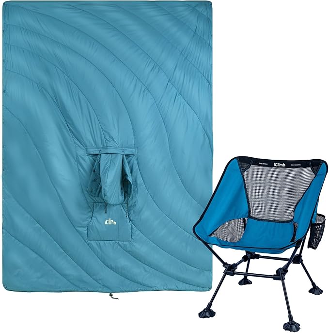 iClimb 1 Hooded 3M Thinsulate Insulation Warm Blanket and 1 Anti-Sinking Large Feet Chair Bundle Ultralight Compact for Adults Outdoor Backpacking Hiking Camping Beach Concert