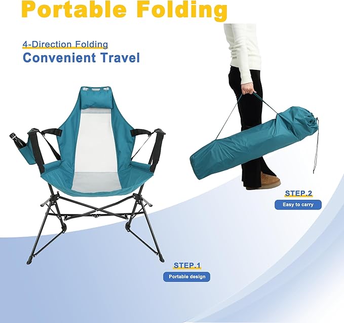 Hammock Camping Chair Portable Chairs with Pillow Cup Holder and Carry Bag Lightweight Foldable Chair for Outside Camping Hiking Travel Beach and Sports (Blue)