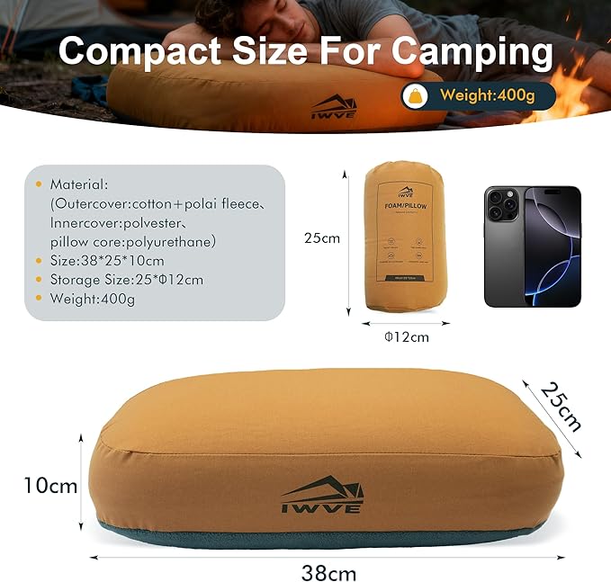 Thick Camping Memory Foam Pillow Compressible &amp Ultralight Travel Pillow for Backpacking - Ergonomic Neck &amp Lumbar Support for Side Sleepers Compact for Hiking Car Airplane