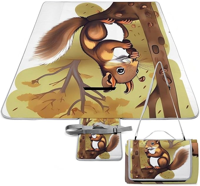 Nut-Eating Squirrel Beach BlanketPortable Waterproof Picnic Blanket58.3''x 58.3'' Extra Large Picnic Mat for BeachCamping Grass Lawn Park Accessorie for Festival BBQ