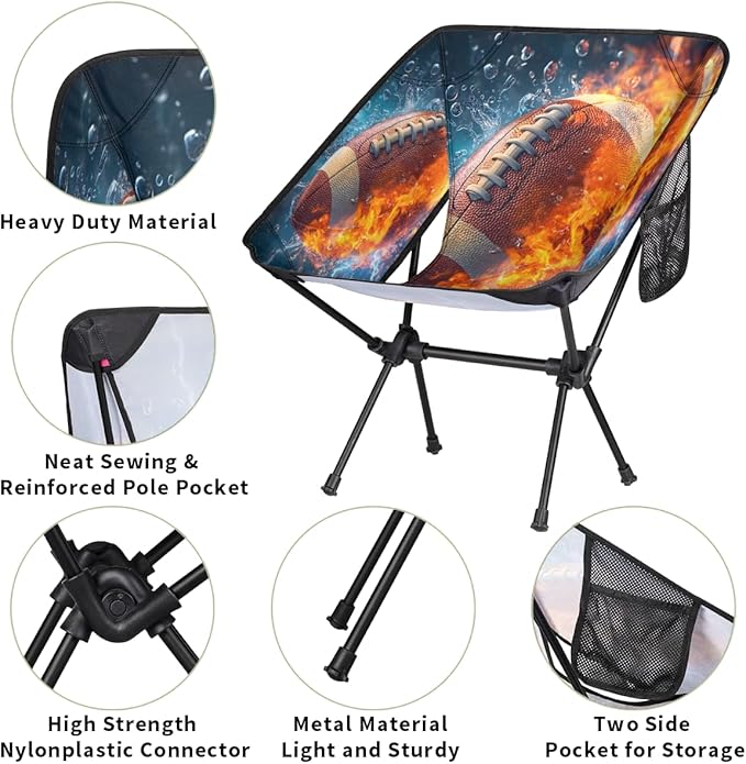 Rugby Camping Chair Folding Backpacking Chair Ball Sports Portable Lightweight Outdoor Chairs with Side Pockets for Hiking Beach Picnic