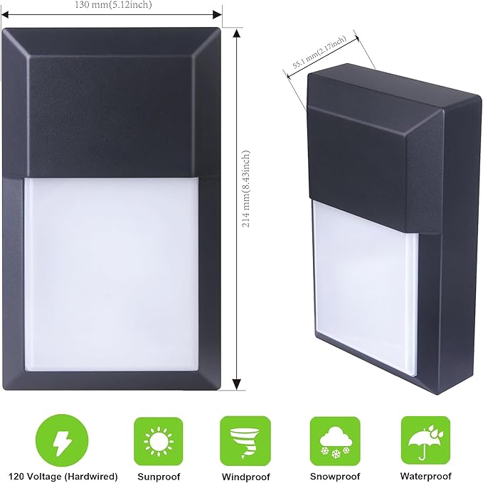LIT-PaTH Outdoor LED Wall Lantern Wall Sconce as Porch Lighting Fixture 12W 1000 Lumens Aluminum Housing Plus PC 5000K Black Finish 1-Pack