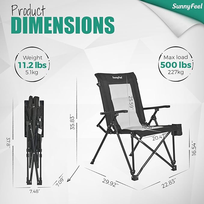 SUNNYFEEL Ergonomic High Back Camp Chair - 500lbs Heavy Duty Folding Chair UV-Resistant Portable Camp Chair with Hard Armrests Cup Holder＆ Bag for Outdoor Basebal Travel Sports Hiking Fishing