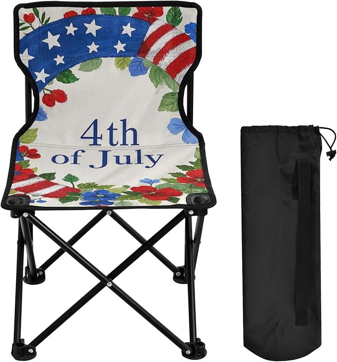 KLL 4th of July Independence Day Red and Blue Garland Compact Foldable Chairs Ultra Lightweight Packable Chair with Carrying Bag Ice Fishing Chair with Back for Outdoor Travel