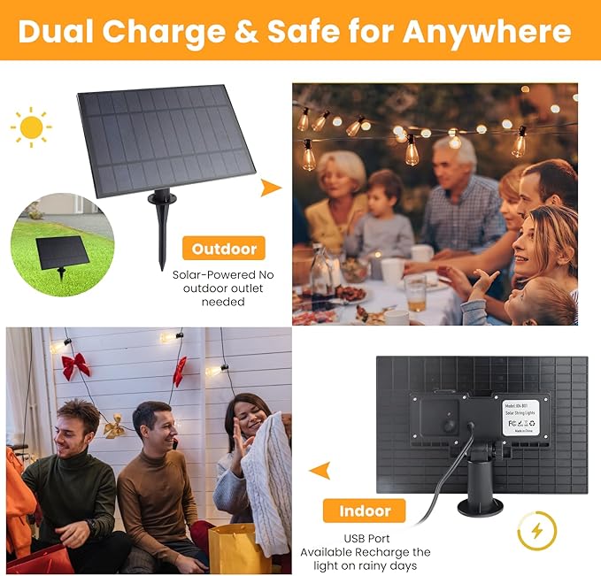VUAA 150FT Solar Outdoor String Lights Waterproof Solar Powered Patio Lights with 52 Shatterproof ST38 Edison Bulbs &amp Remote ControlLED Dimmable Solar String Lights for Outside