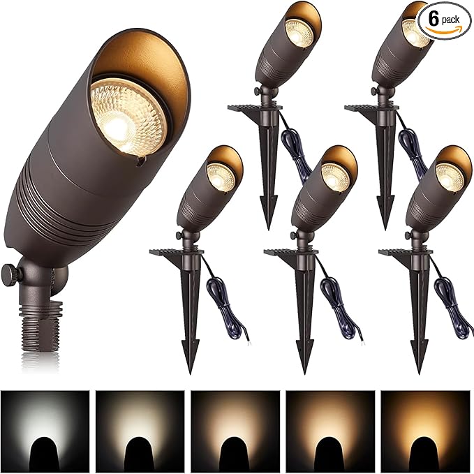 Low Voltage Landscape Spotlights Outdoor Tree Lights Wired LED 7W 5CCT Uplighting Outdoor 12V Landscape Spot Lights for Tree Wall Flag House Aluminum Bronze ETL Pack of 6