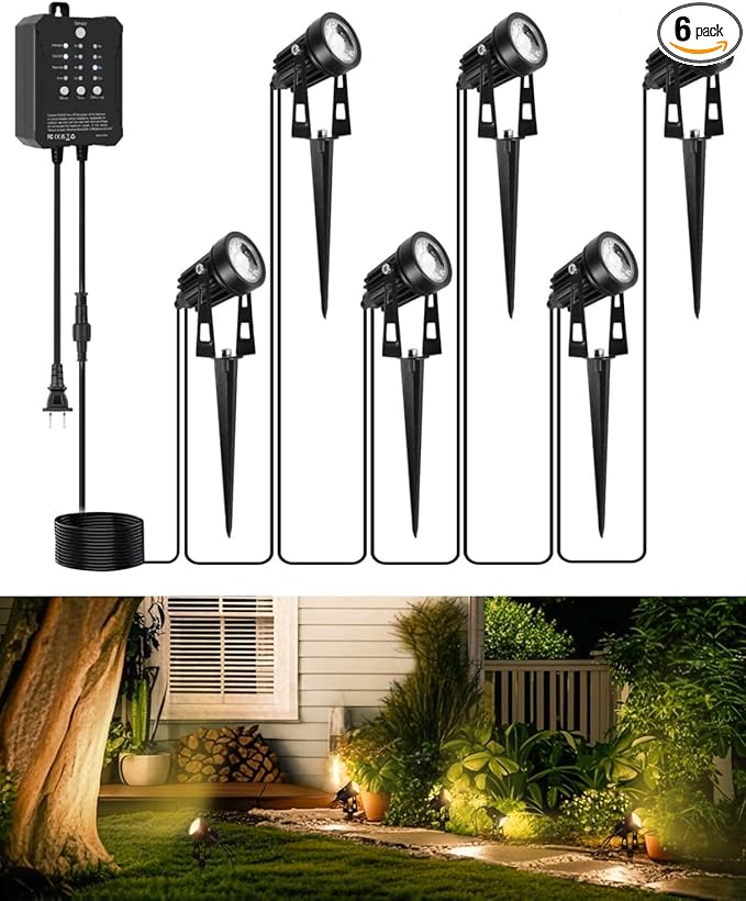 All-in-One Low Voltage Landscape Lighting Dusk to Dawn Transformer Timer Waterproof Spotlights Dimmable LED Outdoor Landscaping Lights Kit for Yard Backyard Tree House 24V (6 pack warm white)