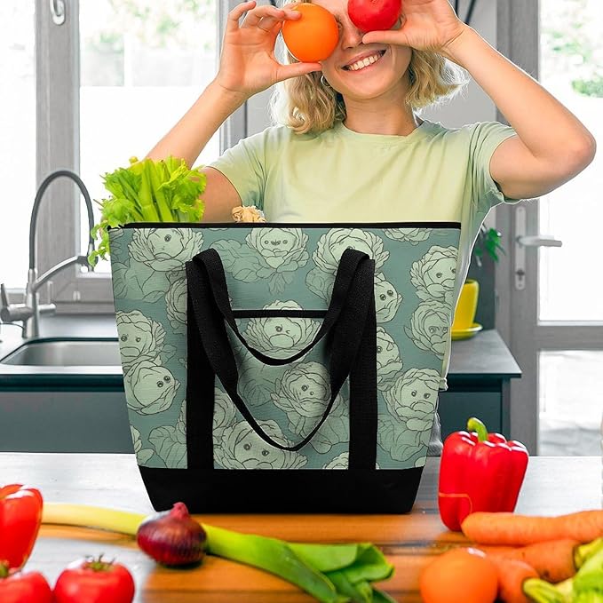 Insulated Shopping BagLarge Reusable Cooler Bags Cabbage Pattern Printed Foldable Shopping BagTravel Waterproof Shoulder Bag