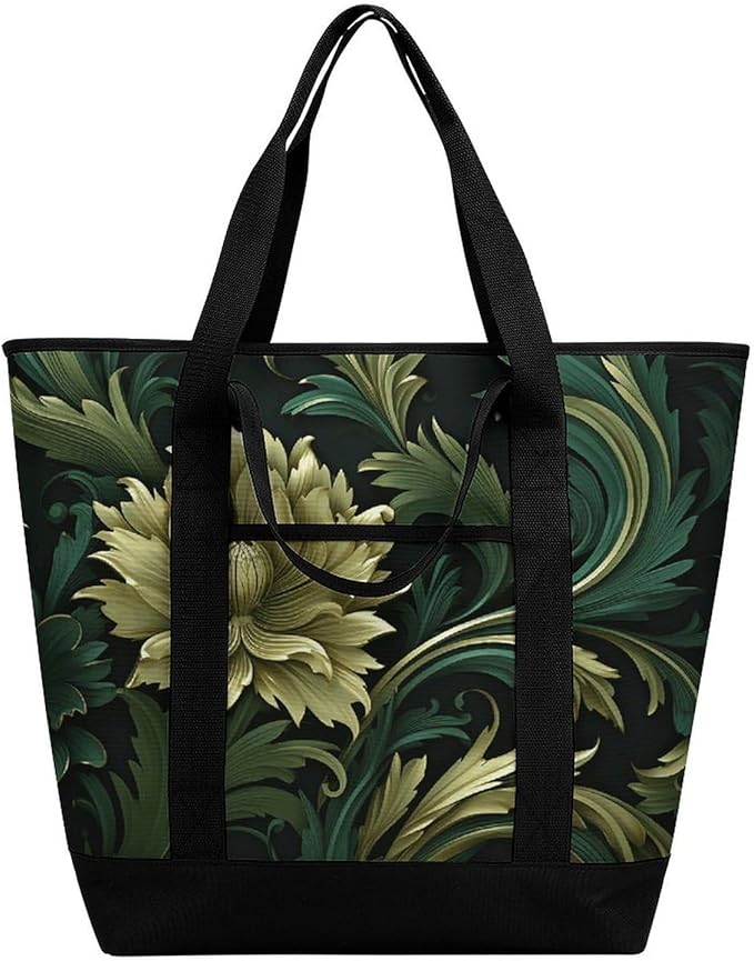 Insulated Shopping BagLarge Reusable Cooler Bags Dark Green And Green Style Printed Foldable Shopping BagTravel Waterproof Shoulder Bag