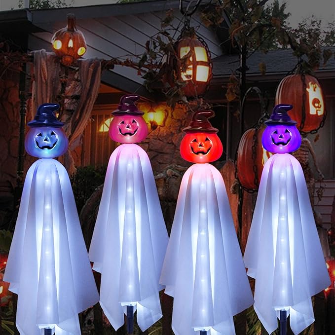 Homeleo Set of 4 Solar Pumpkin Ghost Lights for Halloween Decorations Outdoor Light up Floating Scary Ghosts Pumpkins Witch Hat Stake Lights for Porch Yard Outside Pathway Halloween Party Decor