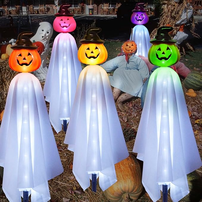 Homeleo Set of 4 Solar Pumpkin Ghost Lights for Halloween Decorations Outdoor Light up Floating Scary Ghosts Pumpkins Witch Hat Stake Lights for Porch Yard Outside Pathway Halloween Party Decor