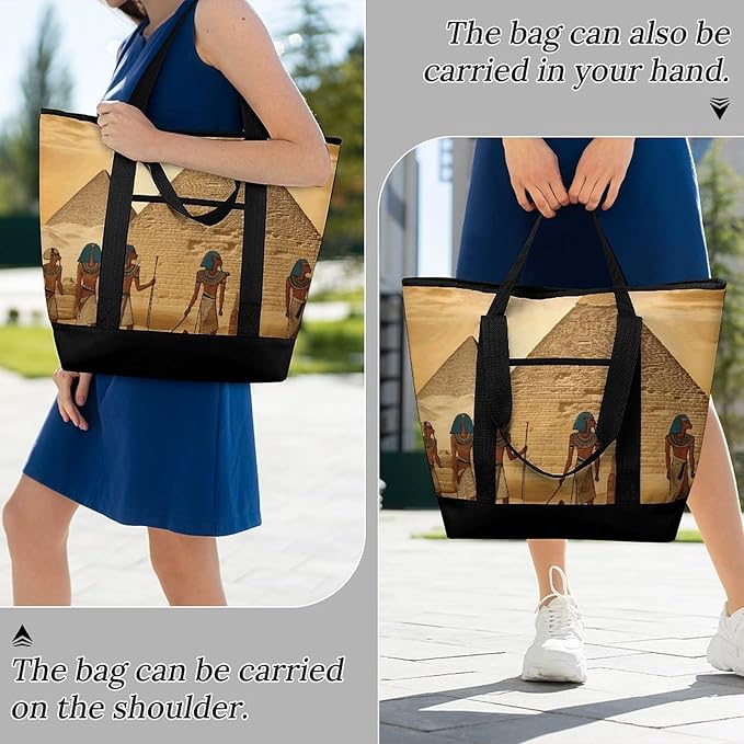 Insulated Shopping BagLarge Reusable Cooler Bags Ancient Egyptians Printed Foldable Shopping BagTravel Waterproof Shoulder Bag