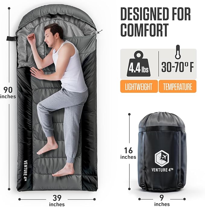 VENTURE 4TH Backpacking Sleeping Bag – XXL Double and Single Sizes - Lightweight Warm &amp Cold Weather Sleeping Bags for Adults Kids &amp Couples – Ideal for Hiking Camping &amp Outdoor Adventu