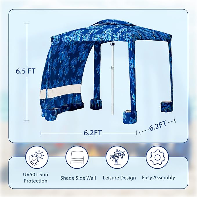 AMMSUN Beach Cabana 6.2'×6.2' Beach Canopy Easy Set up and Take Down Cabana Tent with Sand Pockets Instant Sun Shade with Side Wall Coral Tropical