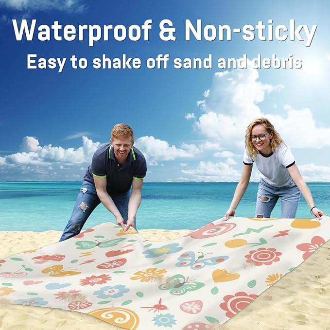 Waterproof Sandproof Beach Blanket 59''×68'' Animals Butterflies Polyester Outdoor Picnic Blanket with 4 Stakes &amp Storage Bag for BeachCampingVacation White Background