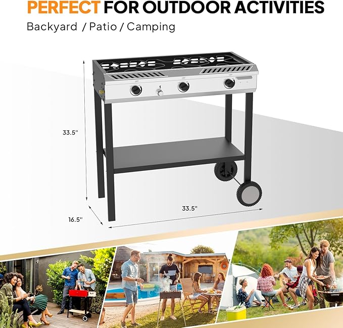 Bonnlo 3 Burner Propane Stove with Inginition 225000BTU Gas Stove with Storage Shelf and Portable Rolling Wheels Gas Burner for Outdoor Camping Patio Backyard Cooking Boiling Frying Stewing
