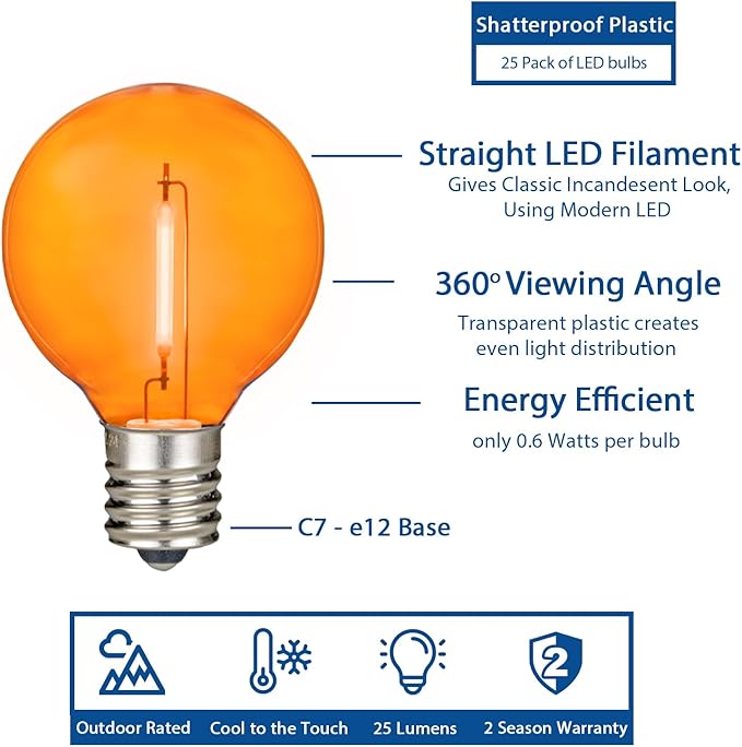Novelty Lights 25 Pack Orange G40 LED Filament String Light Bulbs E12/C7 Candelabra Base 5 Watt Equivalent Shatterproof Replacement Bulbs for Patios Canopy Lighting