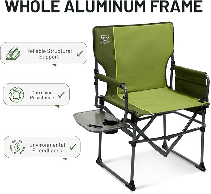 Timber Ridge Aluminum Camping Directors Chair with Side Table Pocket Portable Folding Chair Heavy Duty Lawn Chair for Fishing Trip Picnic Concert Outdoor 400lbs Green