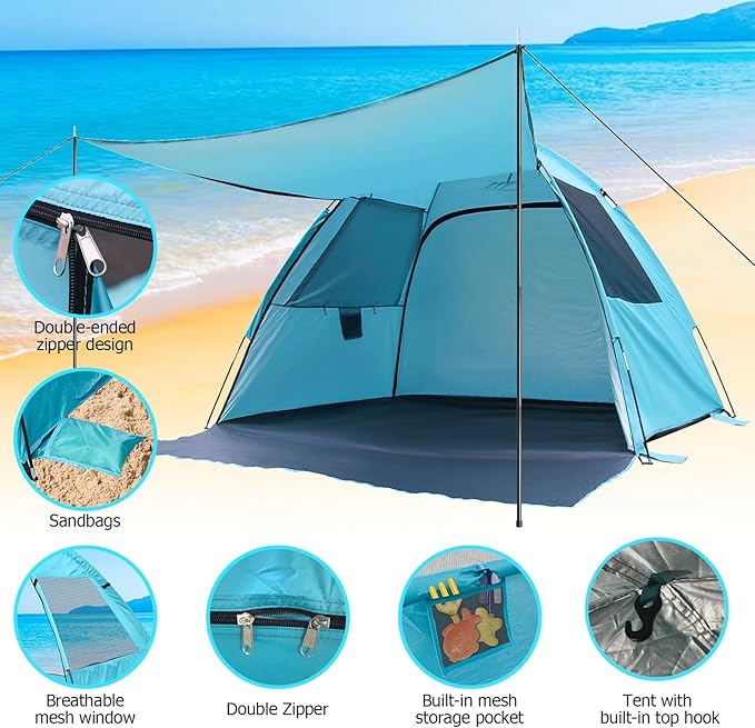 DLUCKY Beach Tent for 1/2/3/4/5/6 PersonAnti-UV Portable Sun Shade ShelterUPF 50+Both Sides Extendable FloorExtendable Awningwith 2 Ventilating Mesh WindowsLightweight &amp Easy Setup.