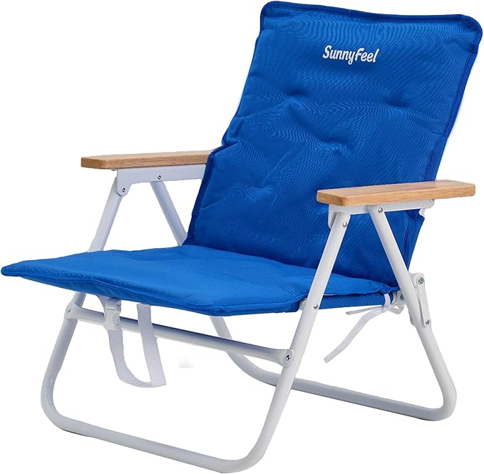 SUNNYFEEL Foldable Beach Chair Beach Chair Backup with Wood Armrest &amp Cushion Lightweight Camping Chair Heavy Duty for Beach Camping Lawn Outdoor Blue