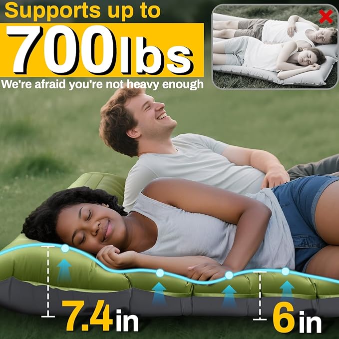 Double Sleeping Pad Extra Thick 6 Inch Sleeping Pad for Camping 2 Person with Built-in Pillow &amp Foot Pump Ultralight Compact Inflatable Camping Mat for Backpacking Hiking Travel Tent Camp Gear Gi