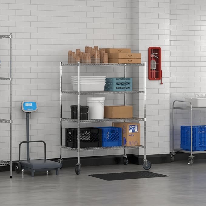 Commercial NSF Listed Chrome Mobile Wire Shelving Kit 24 x 42 x 60 with 4 Shelves Perfect for Warehouse Walk-in Refrigerator Freezer Grocery Store Restaurant Dishroom