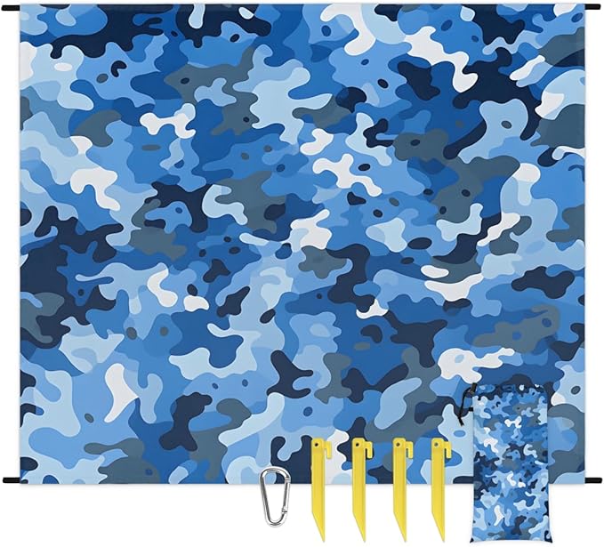 Waterproof Sandproof Beach Blanket 59''×68'' Camouflage Polyester Outdoor Picnic Blanket with 4 Stakes &amp Storage Bag for BeachCampingVacation Blue