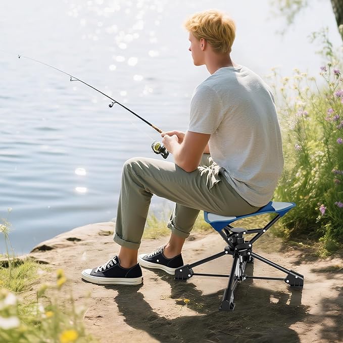 Tangkula 360°Swivel Foldable Camping Stool with Anti-Sink Feet Carrying Bag Portable Tripod Stool for Camping Fishing Hiking Gardening Beach 330 LBS Load (2 Blue)