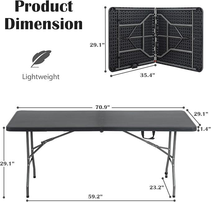 Black Folding Table 6ft Portable Outdoor Folding Camp Table with Built-in Handle &amp Steel Legs Heavy Duty Plastic Foldable Picnic Party Table Easy to Carry and Store