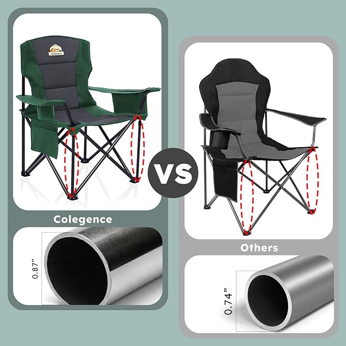 Oversized Folding Camping Chairs - 450 LBS Support Heavy Duty Camp Chair with Padded Cushion Portable Outside Chairs with Carry BagCooler Cup Holder for Outdoor Lawn Sports - Green