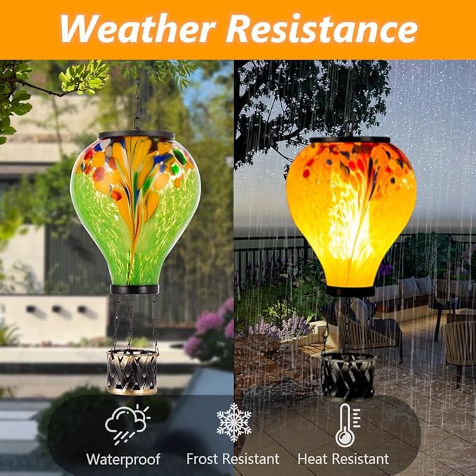 Starsoul Hot Air Balloon Solar Lantern Tie-Dye Style Glass Outdoor Solar Hot Air Balloon Lantern with Flame Light Waterproof Hanging for Garden Yard Patio Decor