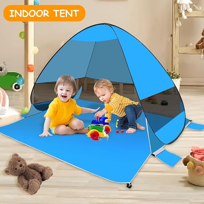Pop Up Beach Tent Beach Shade with UPF50+ UV Protection Pop Up Tent for 3-4 Person Easy Setup Sun Shade Canopy for Camping Fishing (Light Blue)