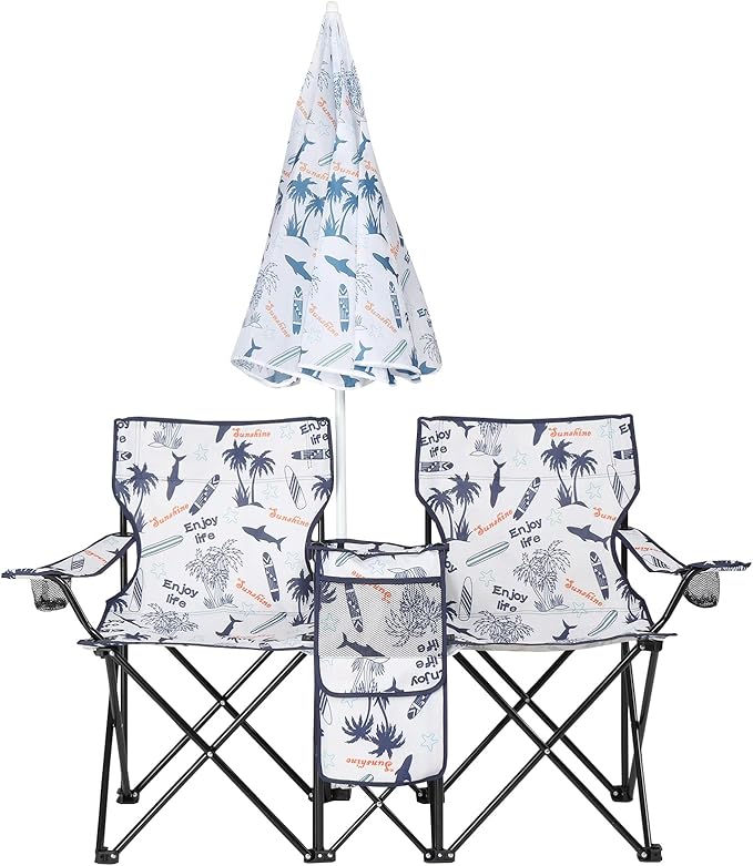 Double Folding Camping Chair W/Umbrella Fold Up Table Beverage Holder Carrying Bag Cooler for Patio Pool Park Outdoor Beach Picnic Portable (Coconut)