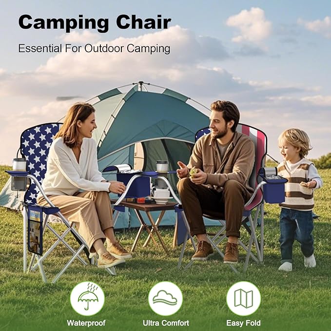 Folding Camping Chairs Durable 600D Oxford Portable Outdoor Chair with Cooler Pouch Cup Holder &amp Storage Pocket for Camping Beach Fishing