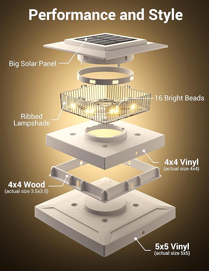 APONUO Solar Post Cap Lights for 4x4 5x5 Fence Posts IP64 Waterproof Outdoor LED Deck Lights with 2 Modes (Warm White &amp Cool White) Auto On/Off Dusk to Dawn Easy Install White 16 Pack