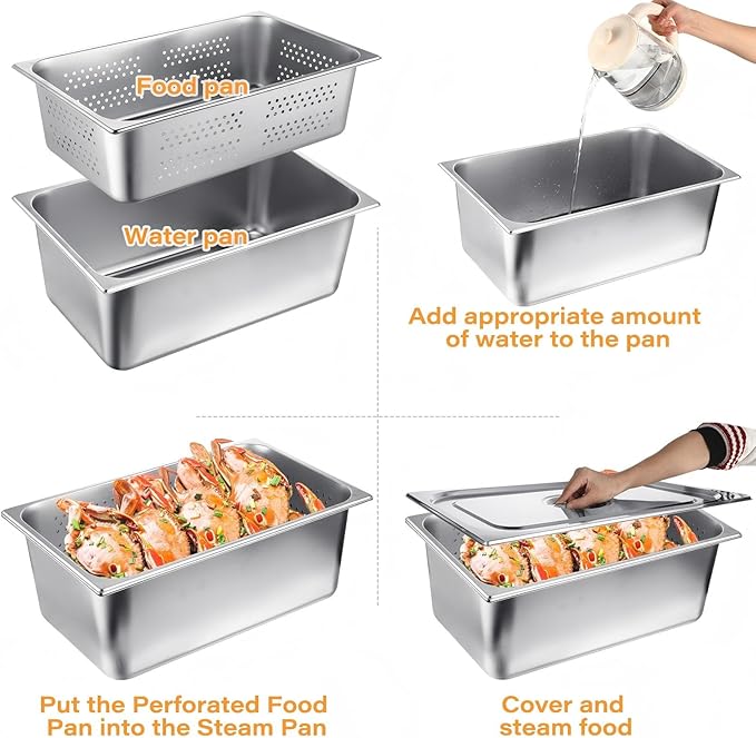 Ferraycle 3 Pack Full Size 6 Inch 8 Inch Hotel Pan with Lid Perforated Steam Table Pan Restaurant Supplies for Kitchen Steam Table Tray for Food Warmer